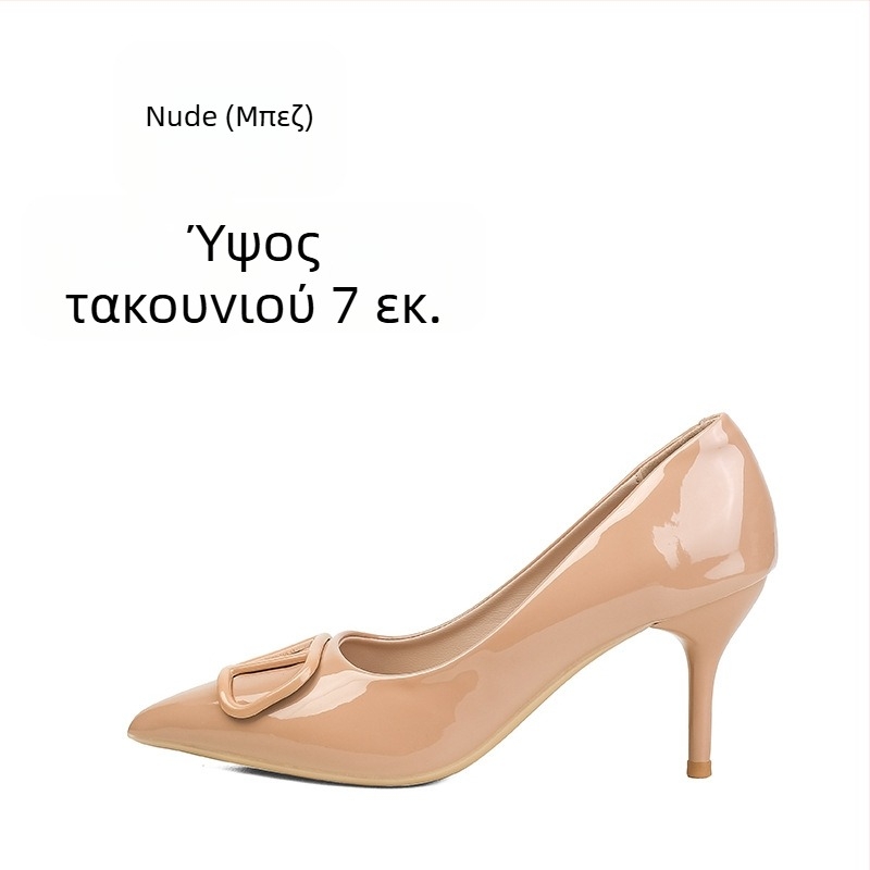 Γυμνοχρωμα γόβες γυναικείες από πατεντωμένο δέρμα – 2025 νέο μοντέλο, V αγκράφα, μυτερό δάχτυλο, στιλέτο, ρηχό vamp