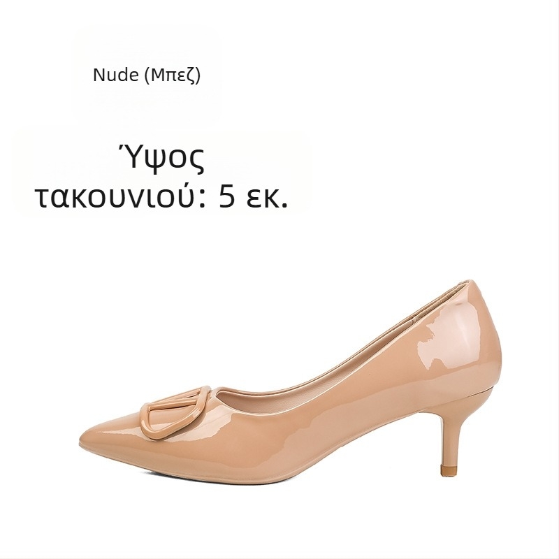 Γυμνοχρωμα γόβες γυναικείες από πατεντωμένο δέρμα – 2025 νέο μοντέλο, V αγκράφα, μυτερό δάχτυλο, στιλέτο, ρηχό vamp