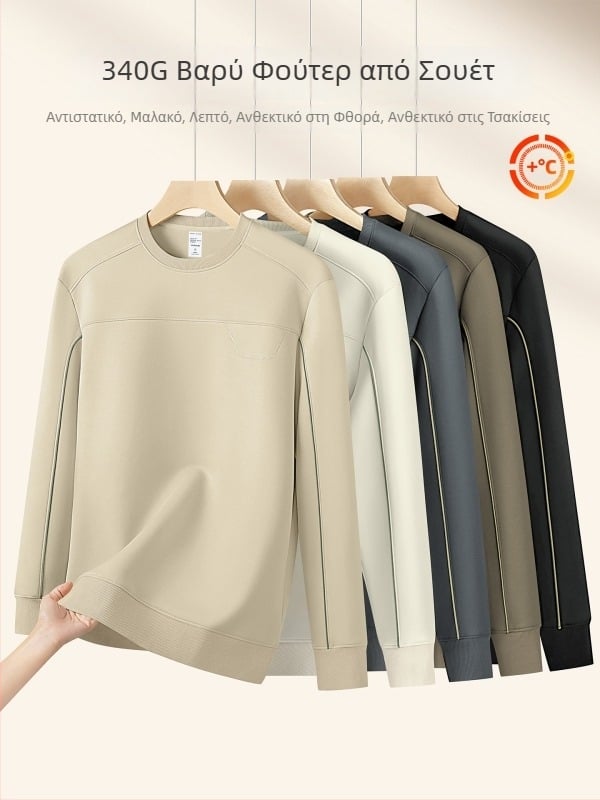 340 g suede φλις ανδρικό φούτερ με στρογγυλή λαιμόκοψη, μακριά μανίκια, αντίθετες γραμμές, ζεστό και καθημερινό