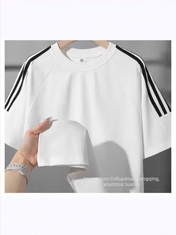 Αντρικό T‑shirt από βαμβάκι 220 g, Αμερικάνικού κλασικού ύφους με τρεις ρίγες, καλοκαιρινή άνεση, χαλαρή γραμμή, λαιμόκοψη crew neck, κοντό μανίκι
