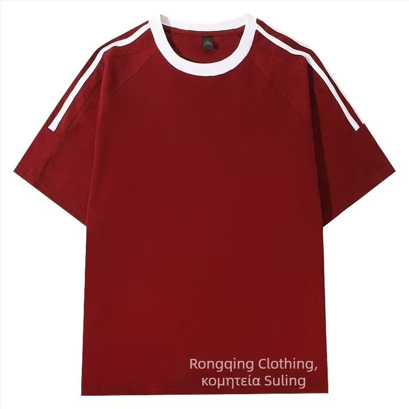 Αντρικό T‑shirt από βαμβάκι 220 g, Αμερικάνικού κλασικού ύφους με τρεις ρίγες, καλοκαιρινή άνεση, χαλαρή γραμμή, λαιμόκοψη crew neck, κοντό μανίκι