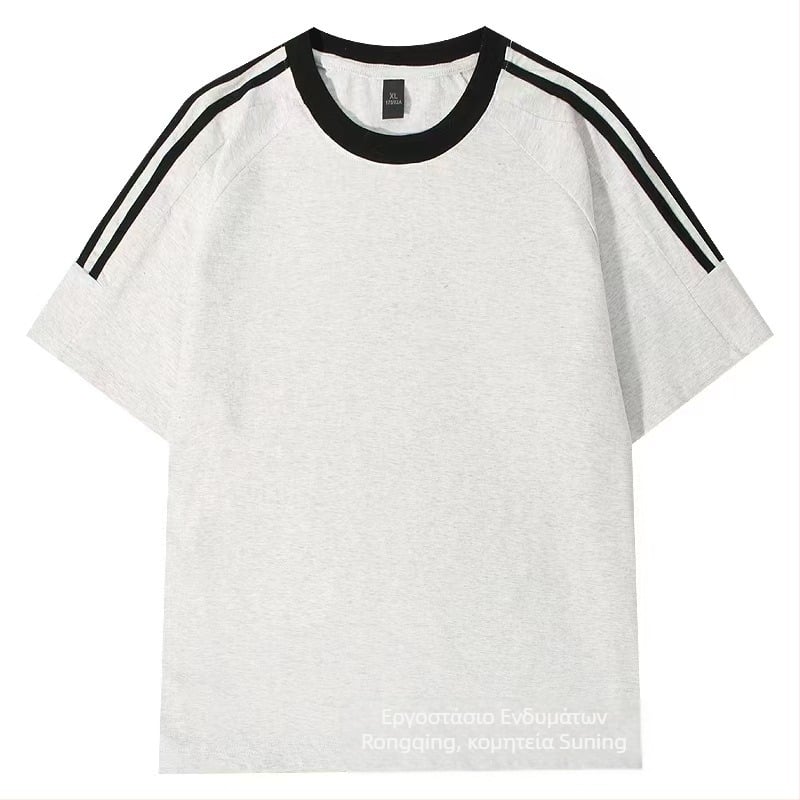 Αντρικό T‑shirt από βαμβάκι 220 g, Αμερικάνικού κλασικού ύφους με τρεις ρίγες, καλοκαιρινή άνεση, χαλαρή γραμμή, λαιμόκοψη crew neck, κοντό μανίκι