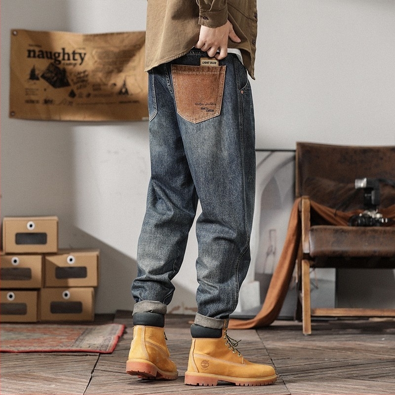 Ανδρικά τζιν βαρέος denim σε αμερικανικό στυλ, σχεδιαστική έμπνευση, χαλαρή ευθεία γραμμή, μεγάλου μεγέθους, μοντέλο 2025