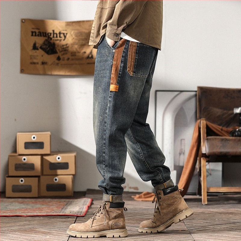 Ανδρικά τζιν βαρέος denim σε αμερικανικό στυλ, σχεδιαστική έμπνευση, χαλαρή ευθεία γραμμή, μεγάλου μεγέθους, μοντέλο 2025