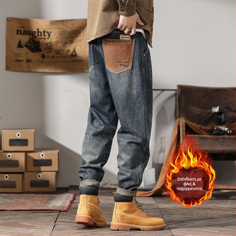 Ανδρικά τζιν βαρέος denim σε αμερικανικό στυλ, σχεδιαστική έμπνευση, χαλαρή ευθεία γραμμή, μεγάλου μεγέθους, μοντέλο 2025