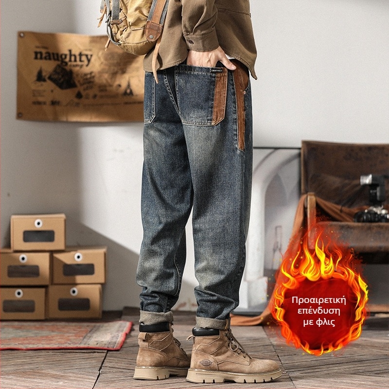 Ανδρικά τζιν βαρέος denim σε αμερικανικό στυλ, σχεδιαστική έμπνευση, χαλαρή ευθεία γραμμή, μεγάλου μεγέθους, μοντέλο 2025