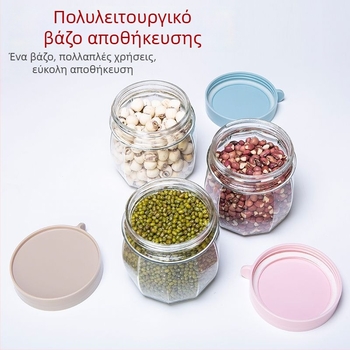 Γυάλινα αεροστεγή βάζα για αποθήκευση τροφίμων: καρύδια, κρυσταλλική ζάχαρη και καρυκεύματα πιπεριού