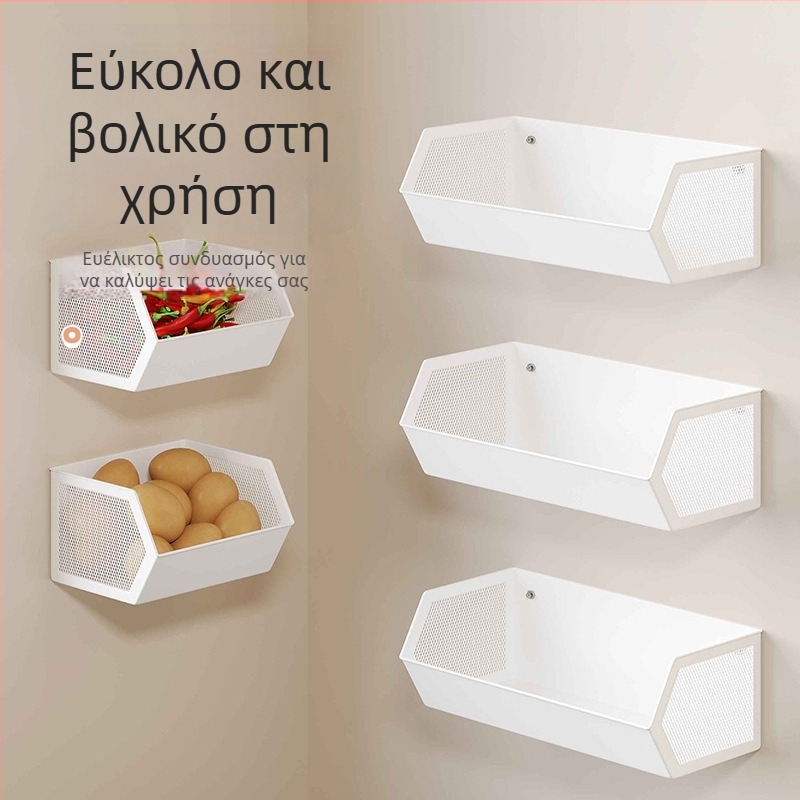 Επιτοίχιο ράφι αποθήκευσης κουζίνας για πράσινα κρεμμύδια, τζίντζερ και σκόρδο, γωνιακό καλάθι για λαχανικά και φρούτα