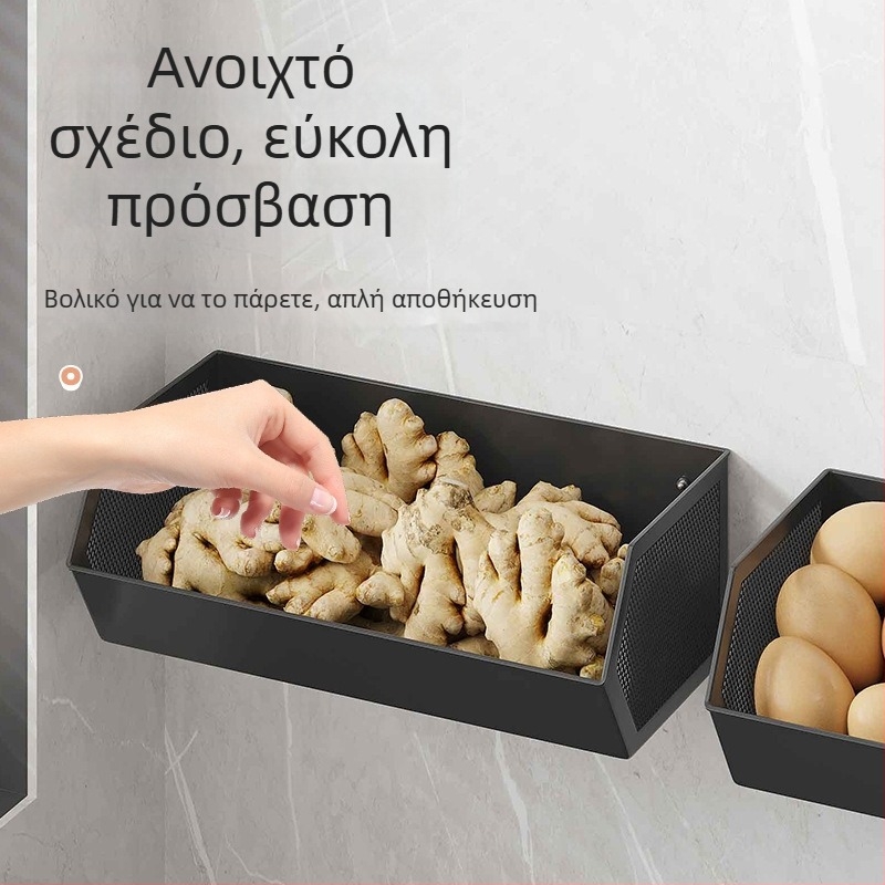 Επιτοίχιο ράφι αποθήκευσης κουζίνας για πράσινα κρεμμύδια, τζίντζερ και σκόρδο, γωνιακό καλάθι για λαχανικά και φρούτα