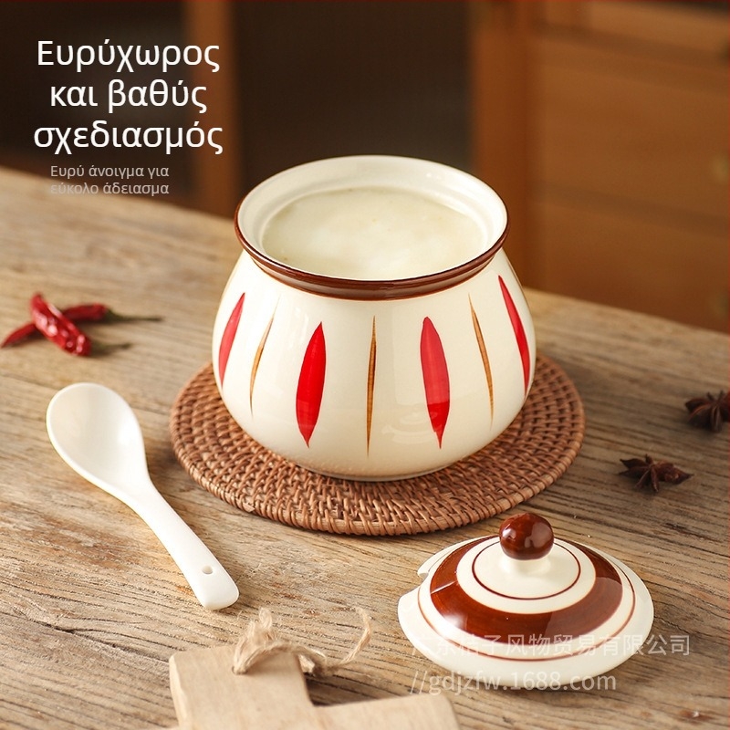 Κεραμικός κάδος για χοιρινό λίπος με καπάκι και κουταλάκι, ιαπωνικού στυλ κουζίνας, ανθεκτικός σε υψηλές θερμοκρασίες, σκεύος για λάδι τσίλι