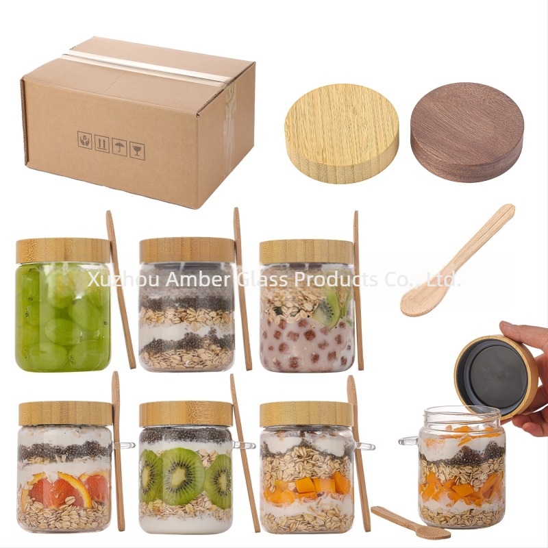 Σετ γυάλινα δοχεία από borosilicate γυαλί με κουτάλι για overnight oats, σφραγιζόμενα δοχεία αποθήκευσης και βάζο μαρμελάδας, 500 ml