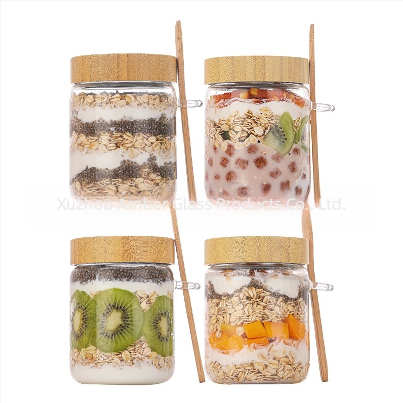 Σετ γυάλινα δοχεία από borosilicate γυαλί με κουτάλι για overnight oats, σφραγιζόμενα δοχεία αποθήκευσης και βάζο μαρμελάδας, 500 ml