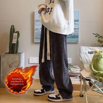 Ανδρικοί παντελόνες corduroy με επένδυση fleece, χαλαρή γραμμή ίσια, χειμερινά, στυλ Hong Kong δρόμου