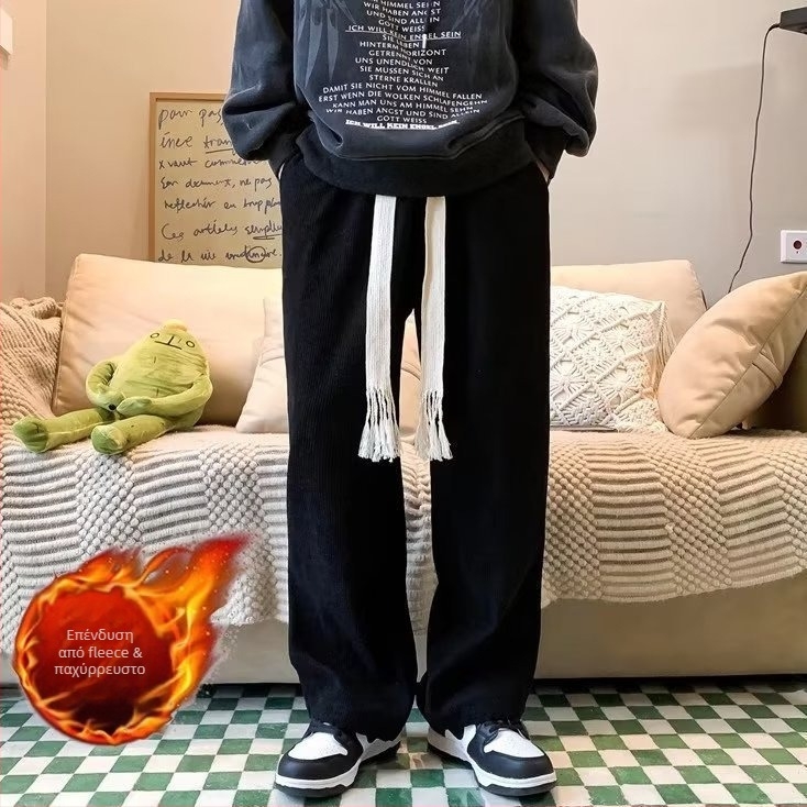 Ανδρικοί παντελόνες corduroy με επένδυση fleece, χαλαρή γραμμή ίσια, χειμερινά, στυλ Hong Kong δρόμου