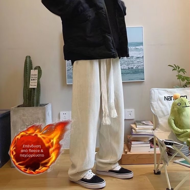 Ανδρικοί παντελόνες corduroy με επένδυση fleece, χαλαρή γραμμή ίσια, χειμερινά, στυλ Hong Kong δρόμου