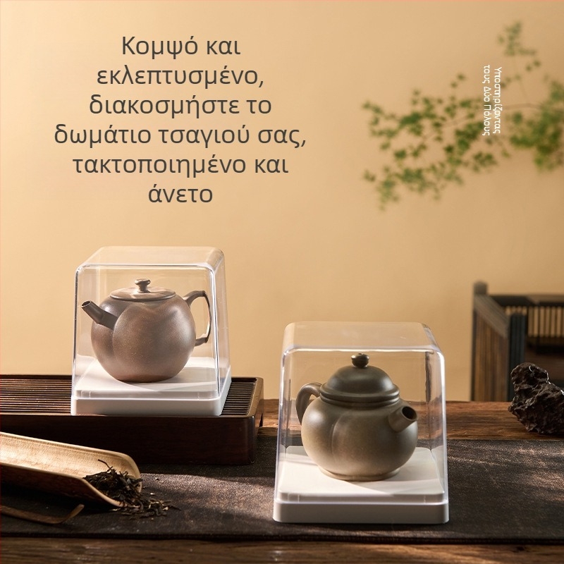 Διαφανές ράφι προβολής τσαγιού από μωβ πηλό — επιτραπέζιο αποθηκευτικό κάδρο για φλυτζάνια και φύλλα τσαγιού, προστασία από σκόνη, στοιβαζόμενο
