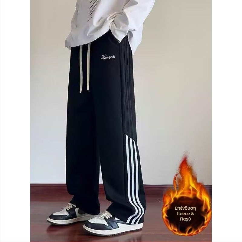 Ανδρικά παντελόνια γυμναστικής με fleece επένδυση, αμερικανικού στυλ ρετρό ραφή, χαλαρή γραμμή, ίσια προς φαρδιά, χειμερινά καθημερινά παντελόνια