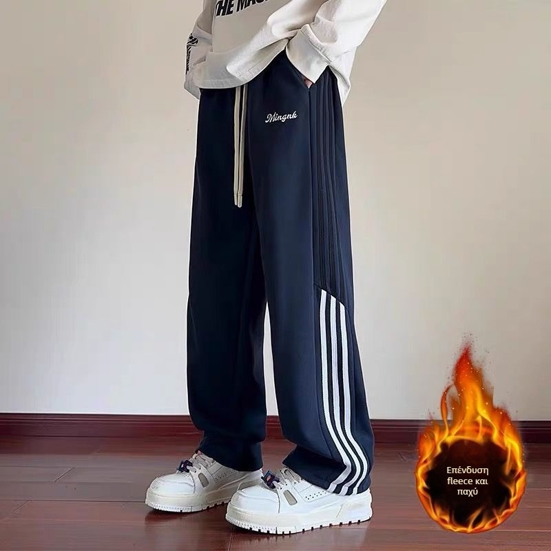 Ανδρικά παντελόνια γυμναστικής με fleece επένδυση, αμερικανικού στυλ ρετρό ραφή, χαλαρή γραμμή, ίσια προς φαρδιά, χειμερινά καθημερινά παντελόνια