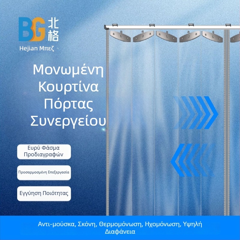 Διαφανής αναδιπλούμενη κουρτίνα πόρτας για αποθήκη, προστασία από τη σκόνη και διαχωριστικό εργαστηρίου, με διπλό άνοιγμα και συρόμενο οδηγό, PVC