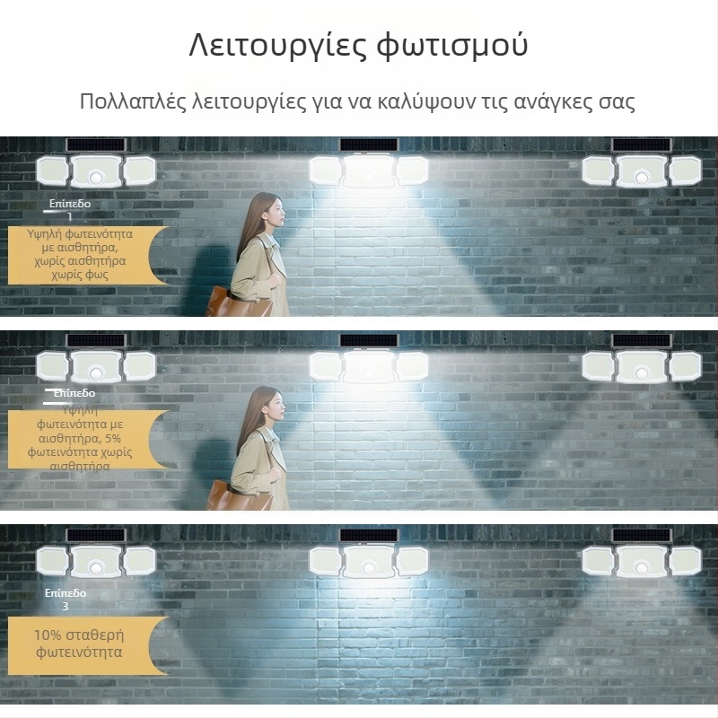 Προσαρμοσμένο ηλιακό φως κήπου με τρία κεφάλια – εξωτερικός αισθητήρας, ορθογώνιο αδιάβροχο ενσωματωμένο φωτιστικό τοίχου κήπου