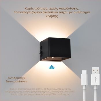 Ασύρματη επαναφορτιζόμενη επιτοίχια λάμπα USB με αισθητήρα – χωρίς καλώδια, χωρίς διάτρηση, με μπαταρία