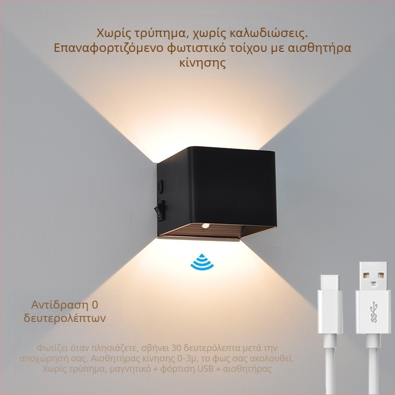 Ασύρματη επαναφορτιζόμενη επιτοίχια λάμπα USB με αισθητήρα – χωρίς καλώδια, χωρίς διάτρηση, με μπαταρία