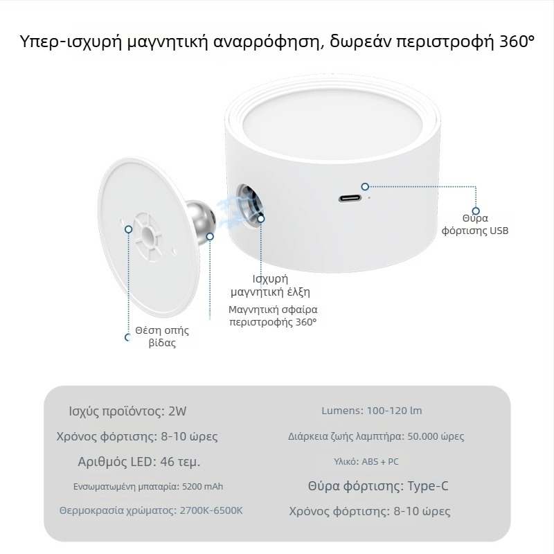Επαναφορτιζόμενος μαγνητικός τοίχος λαμπτήρας, χωρίς τρύπες εγκατάστασης, περιστρεφόμενο φως κρεβατιού για διάδρομο και μελέτη, φωτισμός για πίνακες και τοίχους.