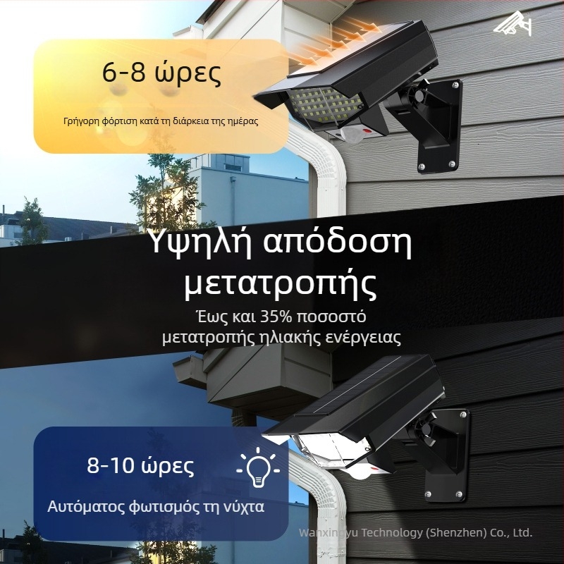 Ηλιακή εξωτερική τοίχικη λάμπα LED με εμφάνιση ψεύτικης κάμερας παρακολούθησης και ανιχνευτή κίνησης