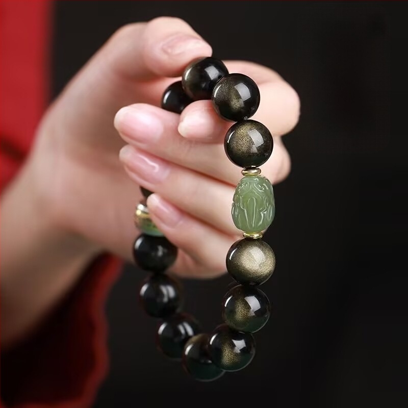 Unisex βραχιόλι Pixiu από Hetian Jade με οψιδιαν και χρυσά στοιχεία, Buddha χάντρες, δώρο