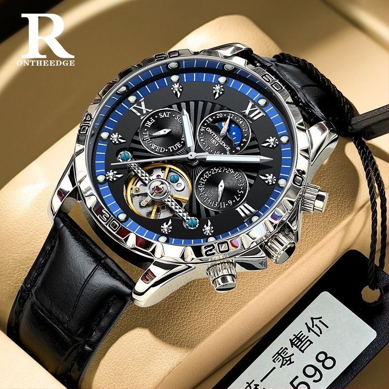 Ανδρικό μοντέρνο Skeleton αυτόματο ρολόι με κίνηση Seagull, 42mm καντράν, ζαφείρι κρύσταλλο, αντοχή νερού 30 m; φωτεινά στοιχεία, τουρμπίον, φάση φεγγαριού, ημερολόγιο, ημέρα εβδομάδας; μπρασελέ από ανοξείδωτο ατσάλι, διαφανές πίσω.