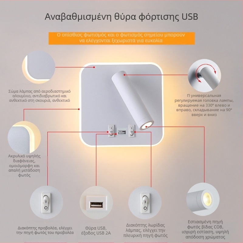 Λαμπτήρας τοίχου με USB φόρτιση, μινιμαλιστικό σκανδιναβικό στυλ για οικία και ξενοδοχείο, φωτιστικό ανάγνωσης υπνοδωματίου