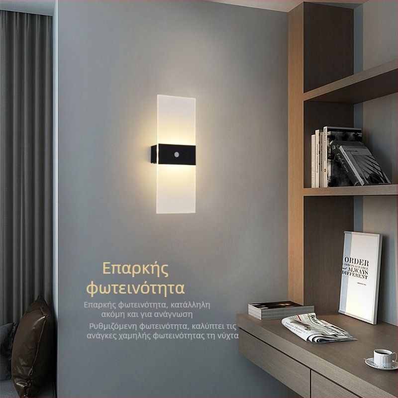 LED τοίχου με επαναφορτιζόμενη μπαταρία, ρύθμιση φωτεινότητας χωρίς βήματα, αισθητήρας κίνησης, φόρτιση USB 5V, νυχτερινό φως μεγάλης χωρητικότητας BD818