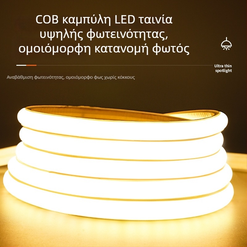Λωρίδα LED με αυτοκόλλητη σιλικόνη, αδιάβροχη COB, γραμμική λυχνία οροφής για οικιακή χρήση – υπερλεπτή, απαλό φως