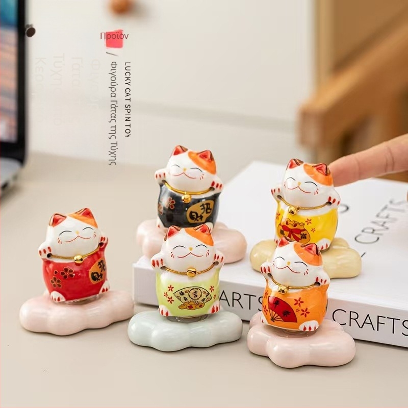 Κεραμικό διακοσμητικό γραφείου με γάτα Maneki-neko, περιστρεφόμενο
