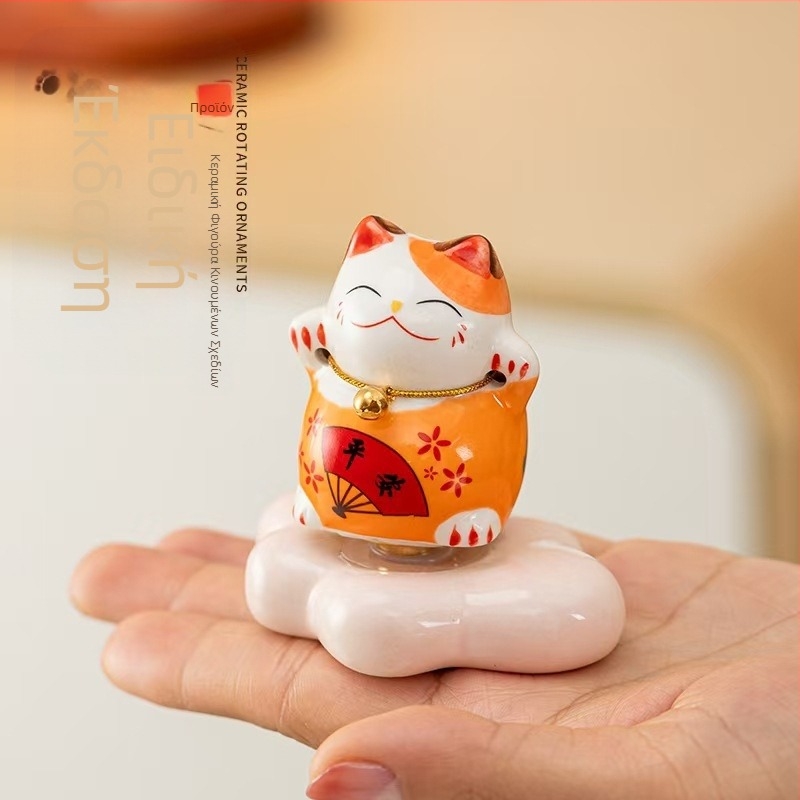 Κεραμικό διακοσμητικό γραφείου με γάτα Maneki-neko, περιστρεφόμενο