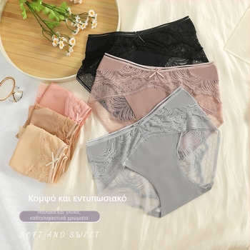 Γυναικεία εσώρουχα από Ice Silk με δαντέλα, αναπνεύσιμα, μεσαίας ζώνης, επένδυση καβάλου από βαμβάκι