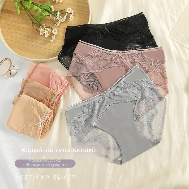 Γυναικεία εσώρουχα από Ice Silk με δαντέλα, αναπνεύσιμα, μεσαίας ζώνης, επένδυση καβάλου από βαμβάκι