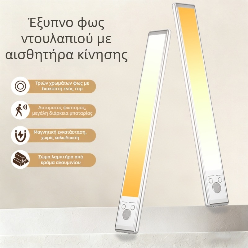 Φως υπό ντουλάπα με αισθητήρα κίνησης, τρεις θερμοκρασίες χρώματος, μαγνητική στερέωση, επαναφορτιζόμενη LED λωρίδα, έξυπνος λαμπτήρας γραφείου