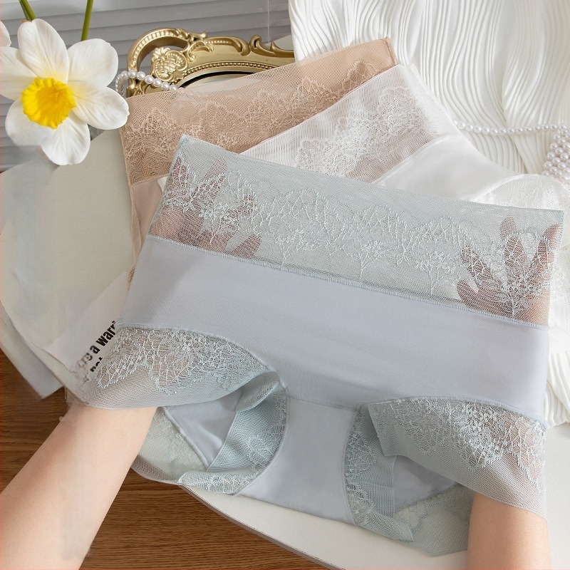 Γαλλικού στυλ ψηλόμεσο εσώρουχο από ice-silk, χωρίς ραφές, διαπνέον, αντιβακτηριακή περιοχή με δαντέλα