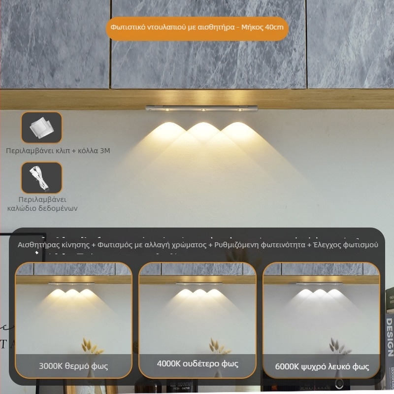 LED φως με αισθητήρα κίνησης, υπερλεπτή μακριά λωρίδα φωτισμού για ντουλάπες και ντουλάπια, τριών χρωμάτων φωτισμός, αυτοκόλλητη λωρίδα φωτισμού