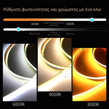 COB LED λωρίδα με αδιάκοπη ρύθμιση φωτισμού, τριχρωμία ρυθμιζόμενη, γραμμικός φωτισμός χαμηλής τάσης 24V για εσωτερικούς χώρους με ευφυή dimming
