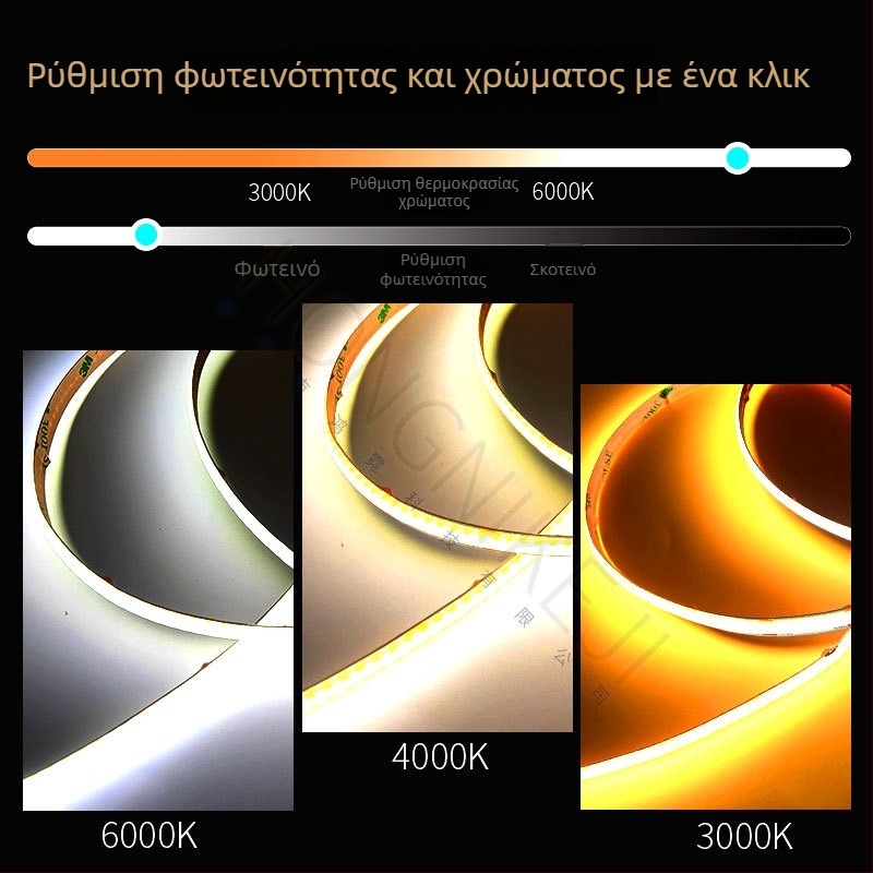 COB LED λωρίδα με αδιάκοπη ρύθμιση φωτισμού, τριχρωμία ρυθμιζόμενη, γραμμικός φωτισμός χαμηλής τάσης 24V για εσωτερικούς χώρους με ευφυή dimming