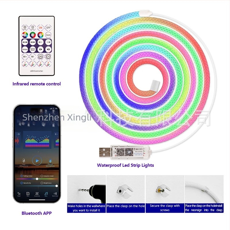 RGB 5V υφασμένη LED λωρίδα νέον με σχέδιο δράκου, κυκλική δέσμη 360°, αδιάβροχη και ευέλικτη, 5W/m, έλεγχος μέσω εφαρμογής και τηλεχειριστηρίου