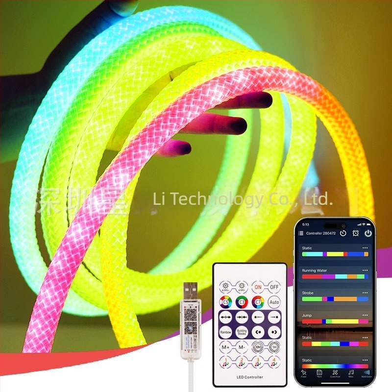 RGB 5V υφασμένη LED λωρίδα νέον με σχέδιο δράκου, κυκλική δέσμη 360°, αδιάβροχη και ευέλικτη, 5W/m, έλεγχος μέσω εφαρμογής και τηλεχειριστηρίου