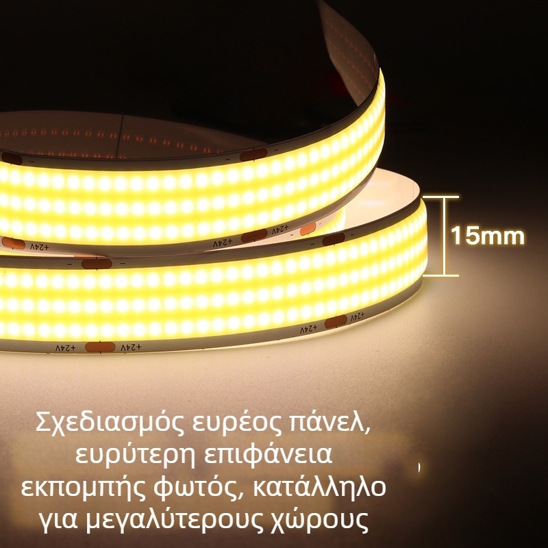 20 mm πλάτους COB LED λωρίδα με τρεις σειρές LED, χαμηλή τάση, χωρίς τρεμόπαιγμα, υψηλό CRI, ατμοσφαιρικός διακοσμητικός φωτισμός, αυτοκόλλητη