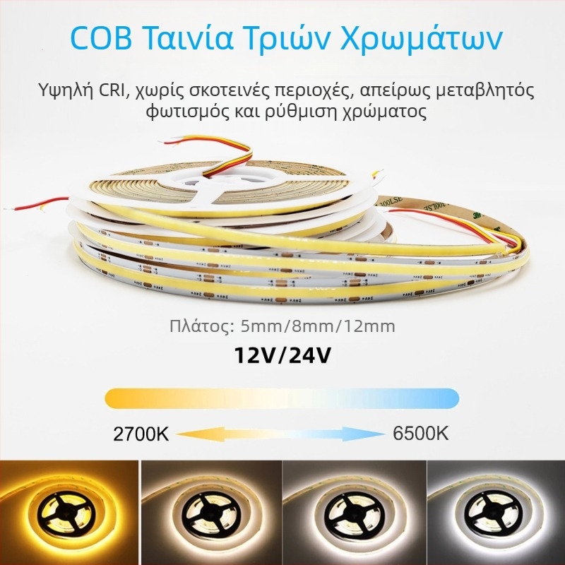 24V ρυθμιζόμενη COB LED λωρίδα με επιλογές τριών χρωμάτων και διχρωμία LED, αυτοκόλλητη, εσωτερικός φωτισμός σαλονιού
