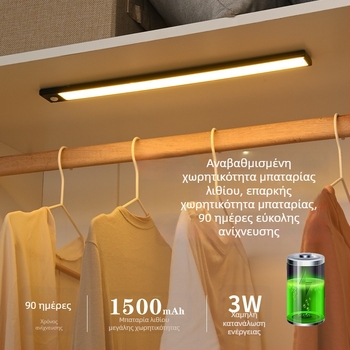 Πολύ λεπτή LED λωρίδα με αισθητήρα κίνησης, με δυνατότητα ρύθμισης φωτεινότητας, επαναφορτιζόμενη, αυτοκόλλητη για ντουλάπες, υπνοδωμάτια και αποθηκευτικούς χώρους κρασιού