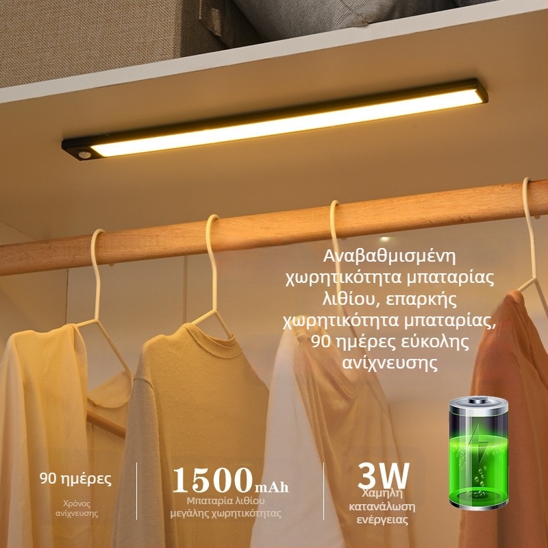 Πολύ λεπτή LED λωρίδα με αισθητήρα κίνησης, με δυνατότητα ρύθμισης φωτεινότητας, επαναφορτιζόμενη, αυτοκόλλητη για ντουλάπες, υπνοδωμάτια και αποθηκευτικούς χώρους κρασιού