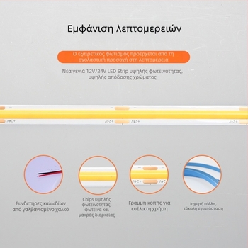Ταινία LED COB 24V, 320 LED, πολύ λεπτή 8 mm, αυτοκόλλητη, εσωτερικός ατμοσφαιρικός φωτισμός και διακόσμηση