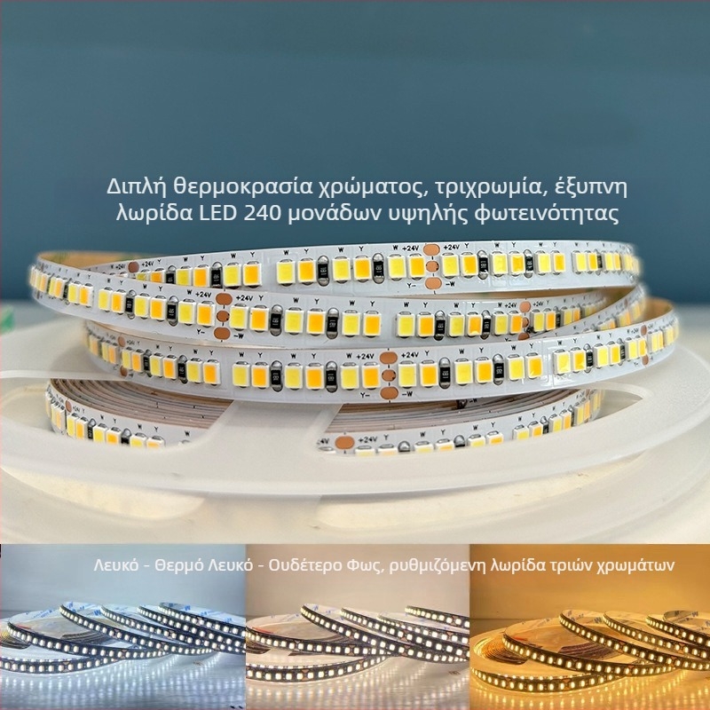 Λωρίδα LED χαμηλής τάσης 24V με 240 LED, διχρωμία θερμοκρασίας και τριχρωματικό φως, συμβατή με έξυπνο σύστημα ρύθμισης φωτεινότητας και χρώματος